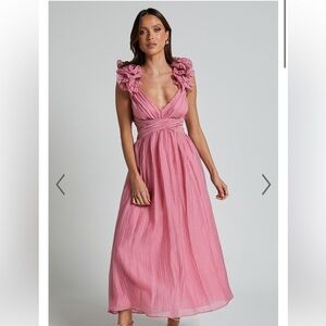 Showpo Pink Ruffle-Shoulder Midi Dress